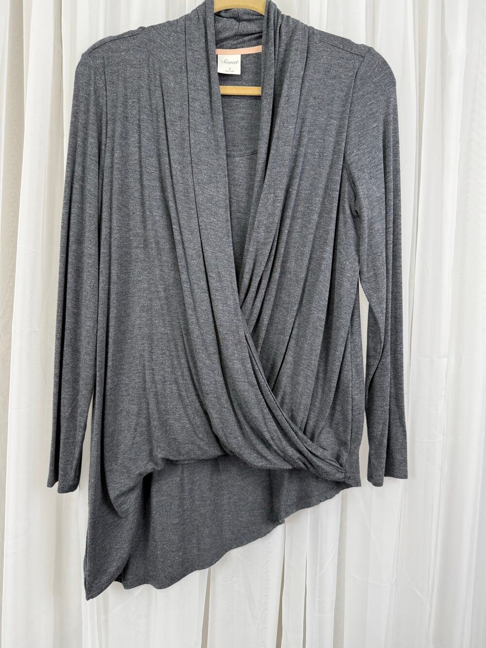 Soma Small Gray Faux Wrap Tunic Top Asymmetrical Hem Long Sleeve